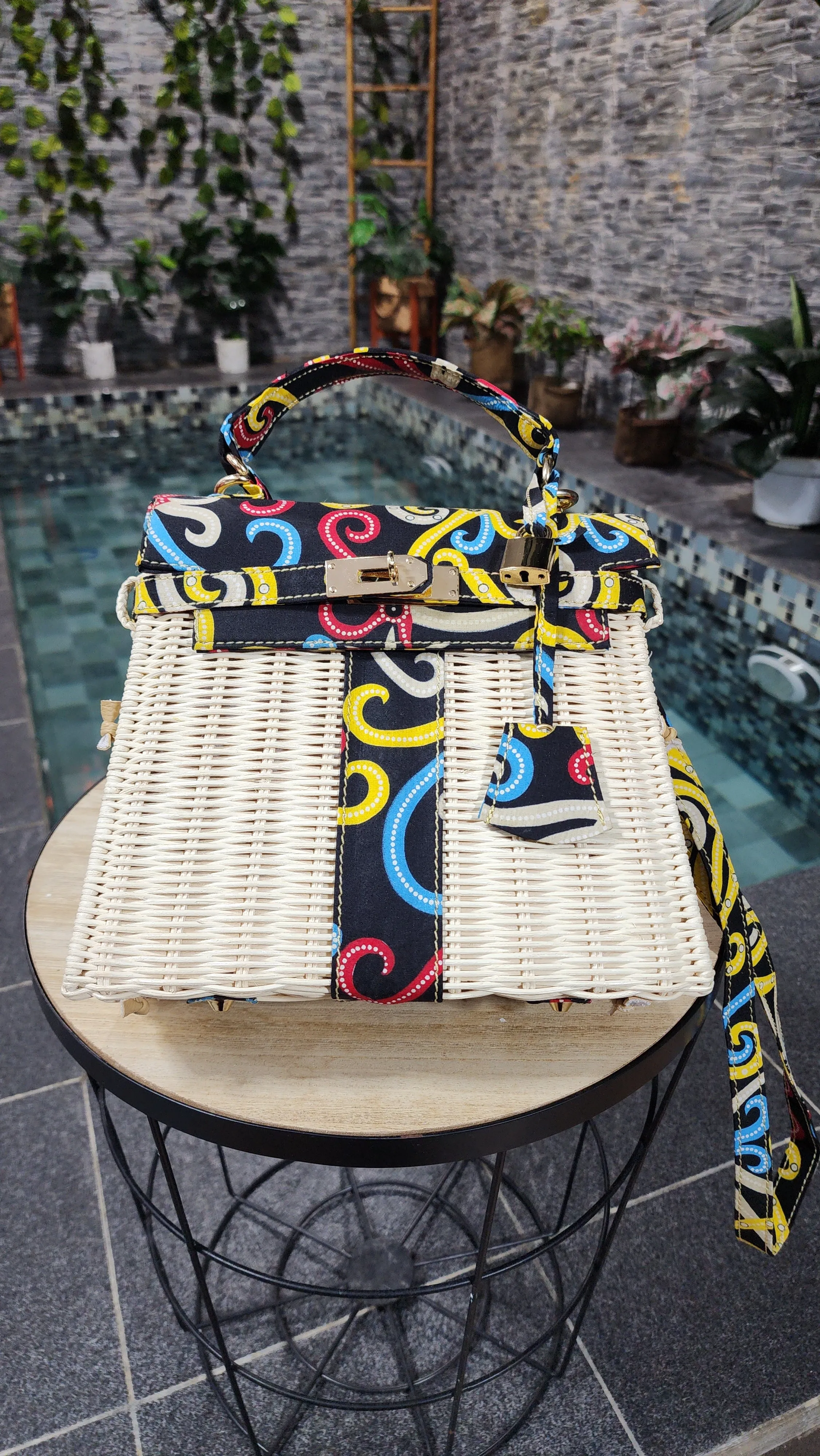 Handcrafted wicker bag, combine with Borneo Ethnic Tribal Cloth, Small size (25cm)