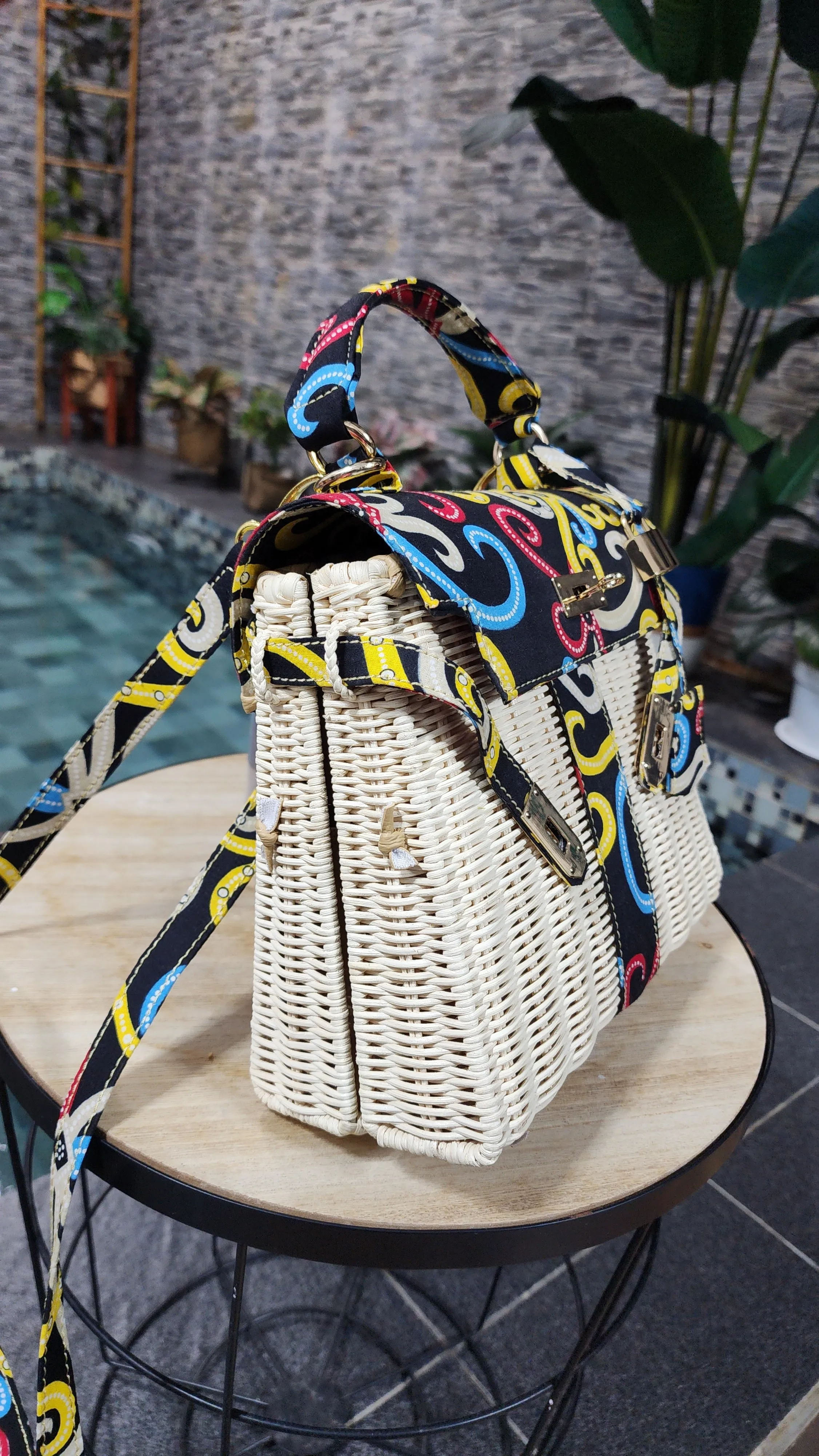 Handcrafted wicker bag, combine with Borneo Ethnic Tribal Cloth, Small size (25cm)