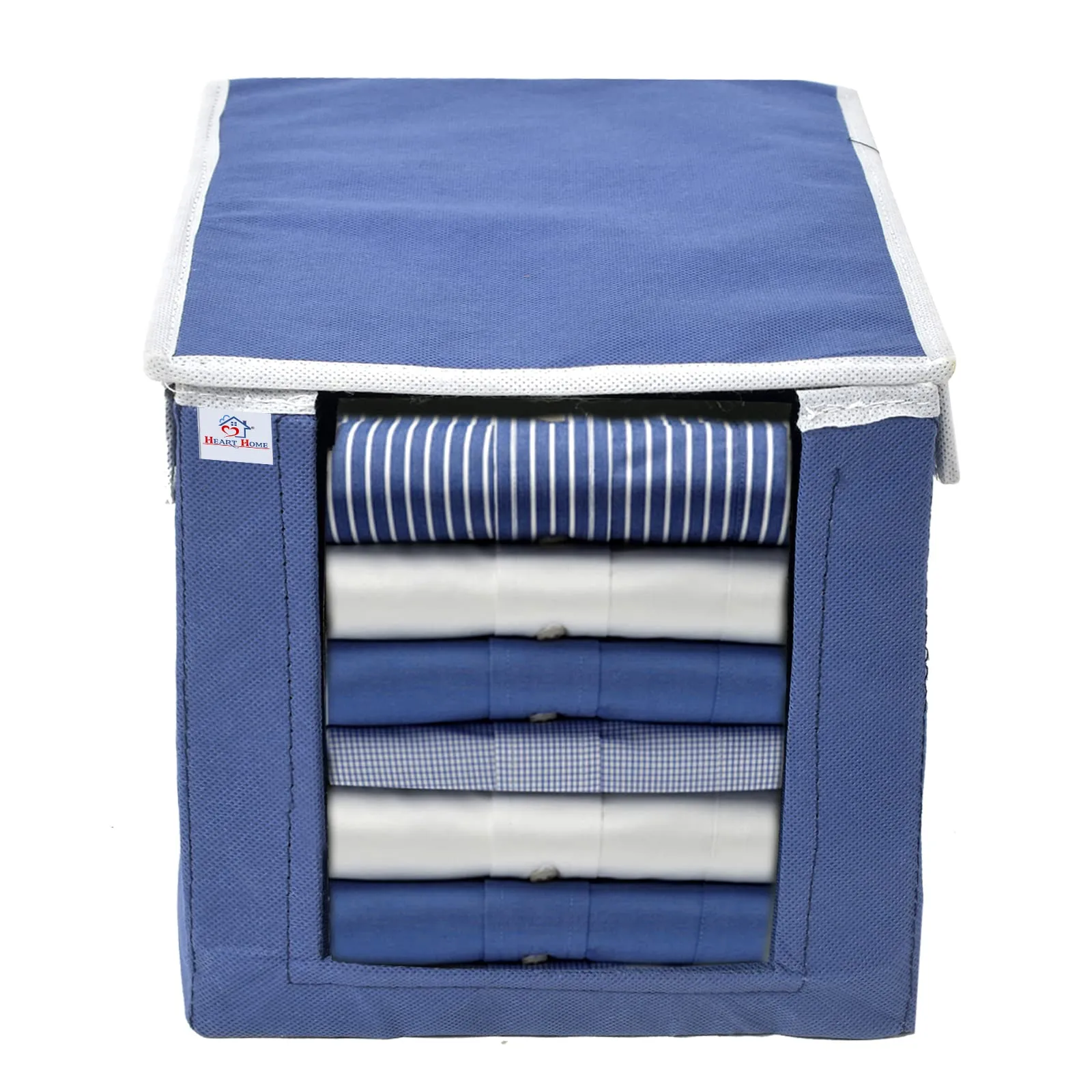 Heart Home Non-Woven Cloth Stacker Wardrobe Organizer/Bin With Carrying Handle & Lid- Pack of 2 (Navy Blue)-44HH0403