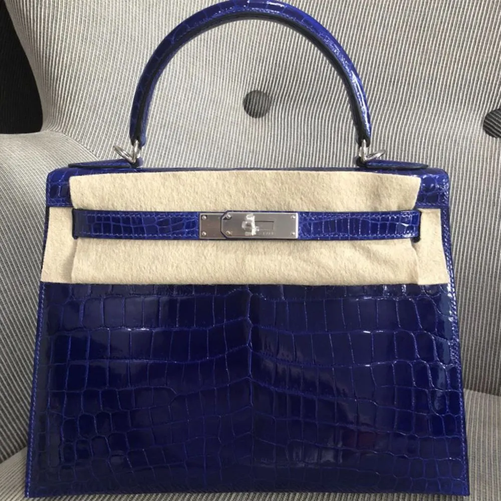 Hermès Kelly 28 Bleu Electrique Sellier Crocodile Niloticus Lisse Palladium Hardware PHW