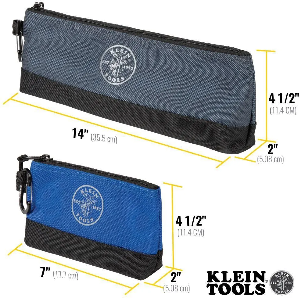 Klein Tools 55559 Stand-Up Zipper Bag Tool Pouch with Carabiners, 7-Inch Blue and 14-Inch Gray Utility Bags with Reinforced Bottom, 2-Pack