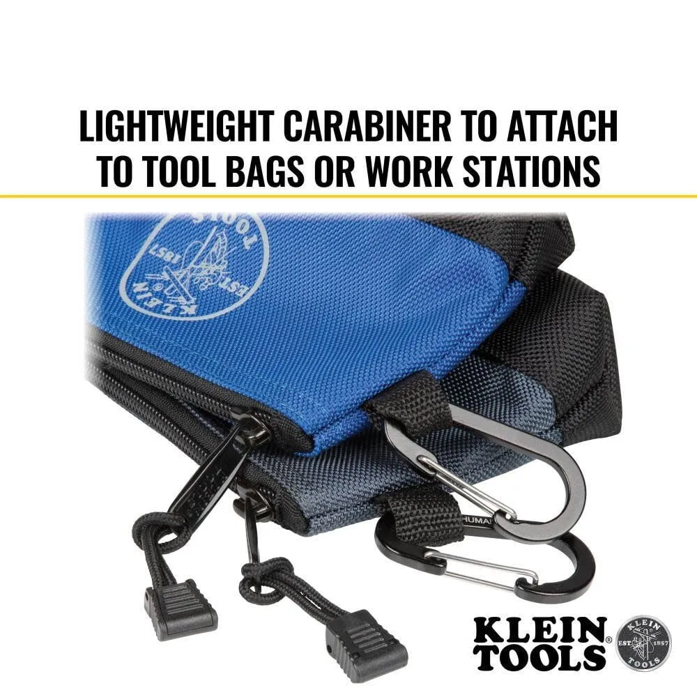 Klein Tools 55559 Stand-Up Zipper Bag Tool Pouch with Carabiners, 7-Inch Blue and 14-Inch Gray Utility Bags with Reinforced Bottom, 2-Pack