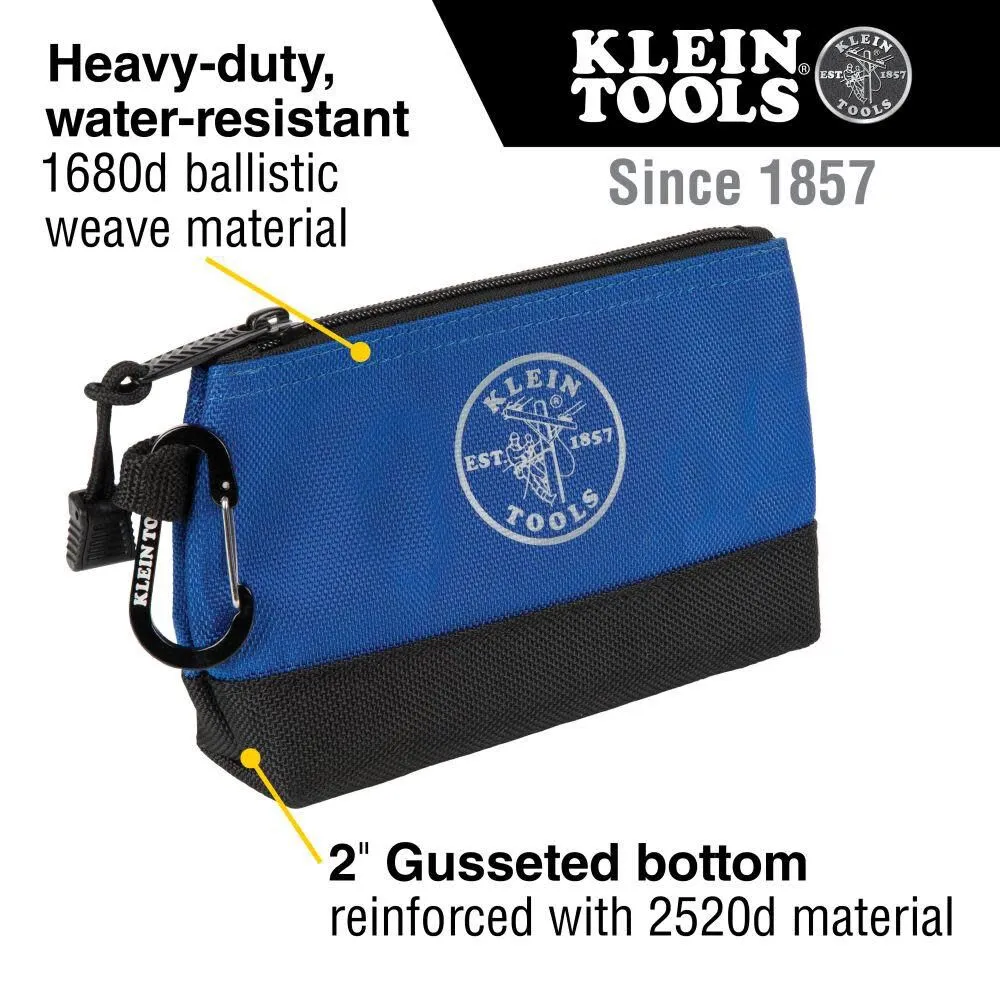 Klein Tools 55559 Stand-Up Zipper Bag Tool Pouch with Carabiners, 7-Inch Blue and 14-Inch Gray Utility Bags with Reinforced Bottom, 2-Pack