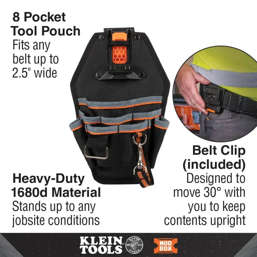 Klein Tools 55832MB MODbox Tool Pouch, 8-Pockets, Electrician Tool Bag, Quickly Attach and Release from Tool Belts and MODBox Rail System