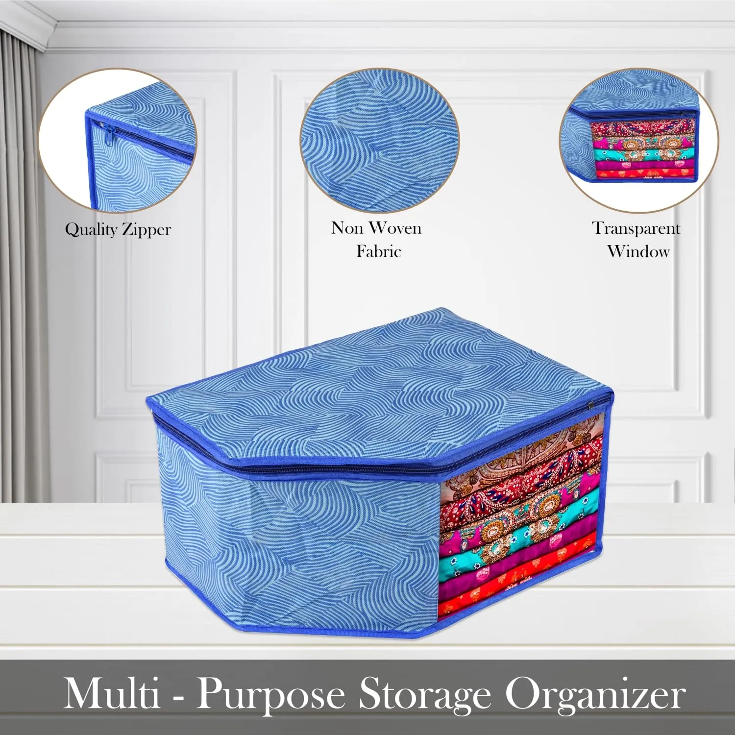 Kuber Industries Blouse Cover | Clothes Storage Bag | Zipper Wardrobe Organizers | Non-Woven Clothes Organiser | Side Transparent Blouse Organizer | Lahariya-Design | Pack of 3 | Blue