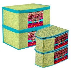 Kuber Industries Saree Cover & Blouse Cover Set | Saree & Blouse Organizer Combo Set | 2 Pieces Blouse & 2 Pieces Saree Cover Set | Zipper Closure | Leaf-Design | Set of 4 | Green