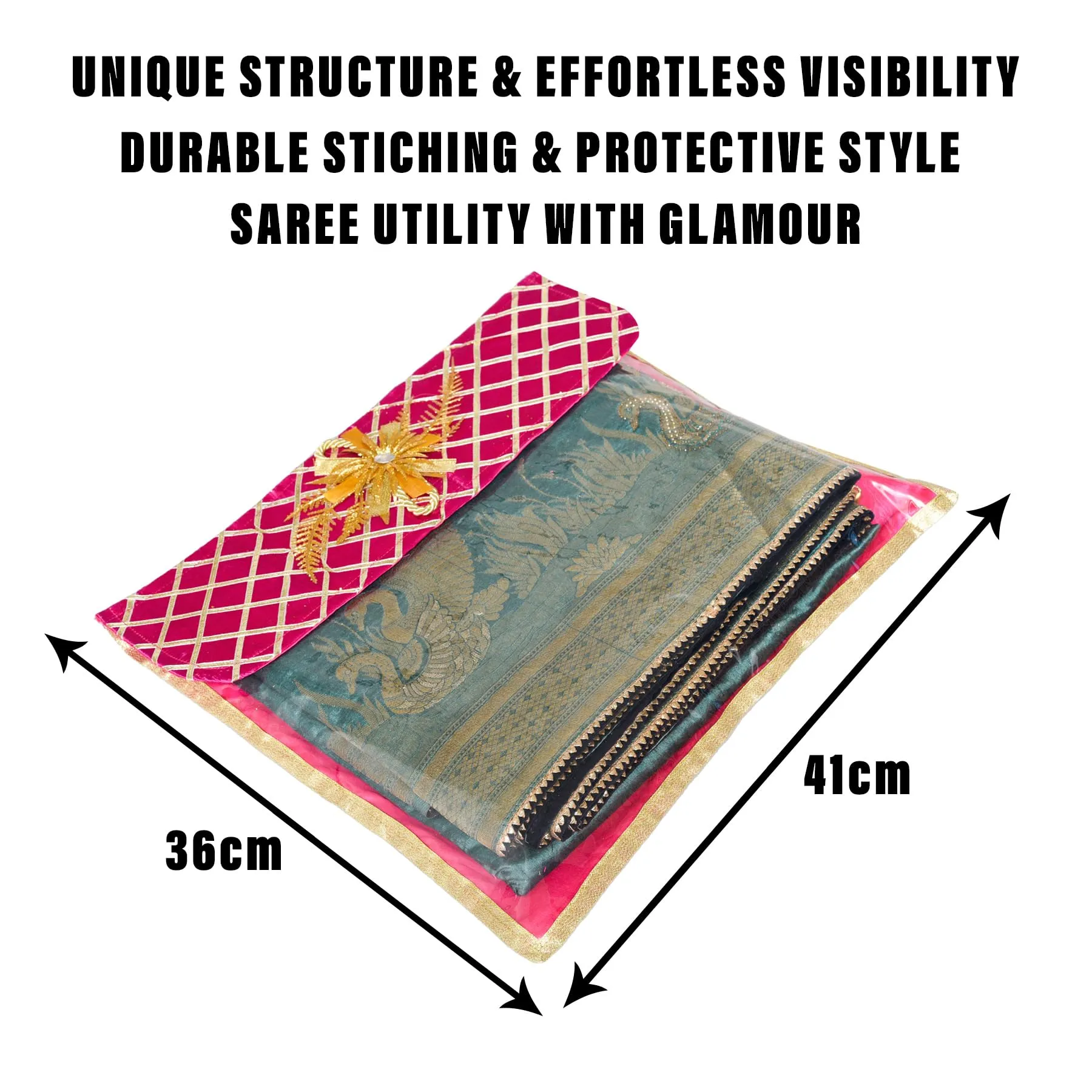 Kuber Industries Saree Cover | Clothes Storage Bag | Single Packing Saree with Velcro | Wardrobe Organizer | Cloth Stoarge Organizer | Check Jama Brooch-Design | Pack of 6 | Pink