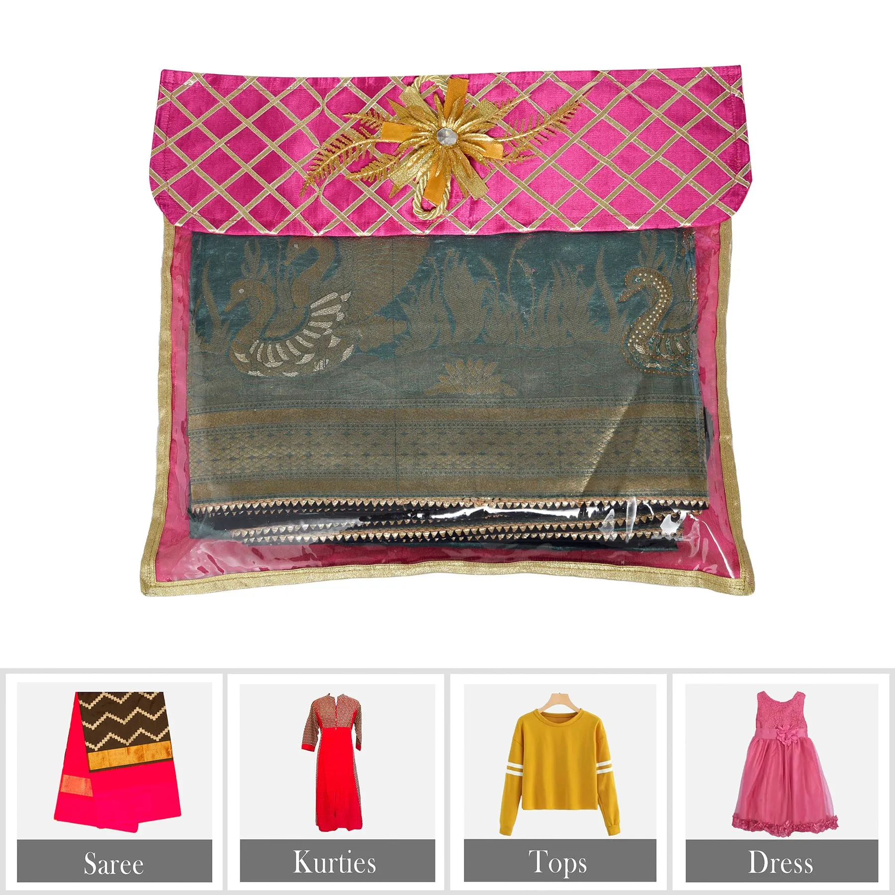 Kuber Industries Saree Cover | Clothes Storage Bag | Single Packing Saree with Velcro | Wardrobe Organizer | Cloth Stoarge Organizer | Check Jama Brooch-Design | Pack of 6 | Pink