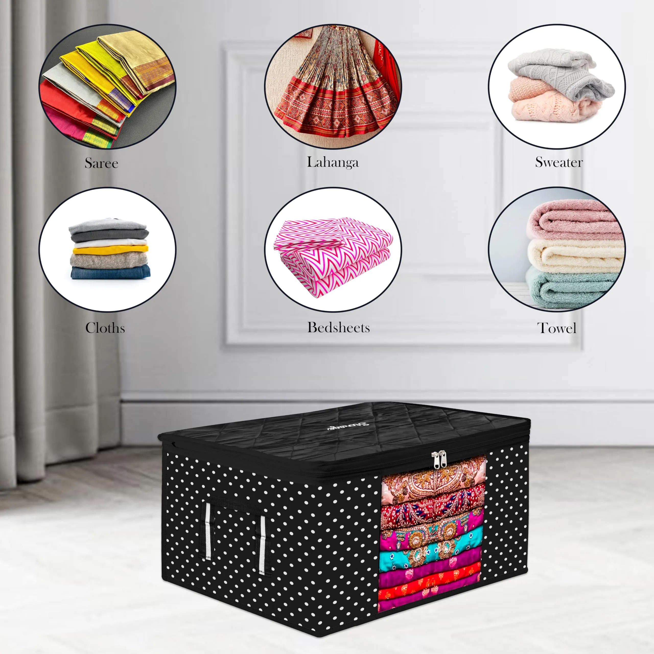 Kuber Industries Saree Cover | Zipper Closure Saree Storage Bag | Saree Organizer for Wardrobe with Handle | Transparent View Clothes Storage Bag for Lehenga | Side Dot-Design | Pack of 3 | Black