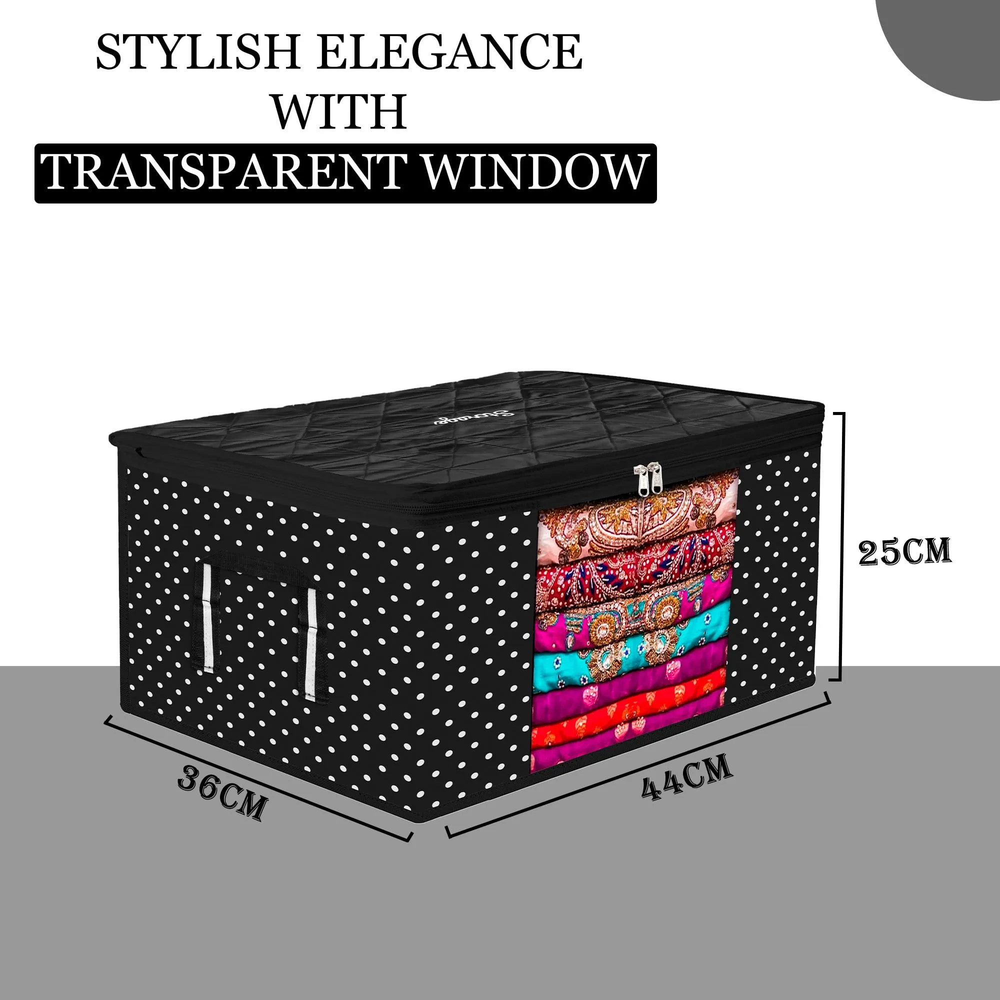 Kuber Industries Saree Cover | Zipper Closure Saree Storage Bag | Saree Organizer for Wardrobe with Handle | Transparent View Clothes Storage Bag for Lehenga | Side Dot-Design | Pack of 3 | Black