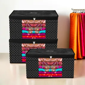 Kuber Industries Saree Cover | Zipper Closure Saree Storage Bag | Saree Organizer for Wardrobe with Handle | Transparent View Clothes Storage Bag for Lehenga | Side Dot-Design | Pack of 3 | Black