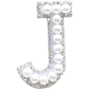 Letter J White Pearl Rhinestone Hot fix Or Sew Patch