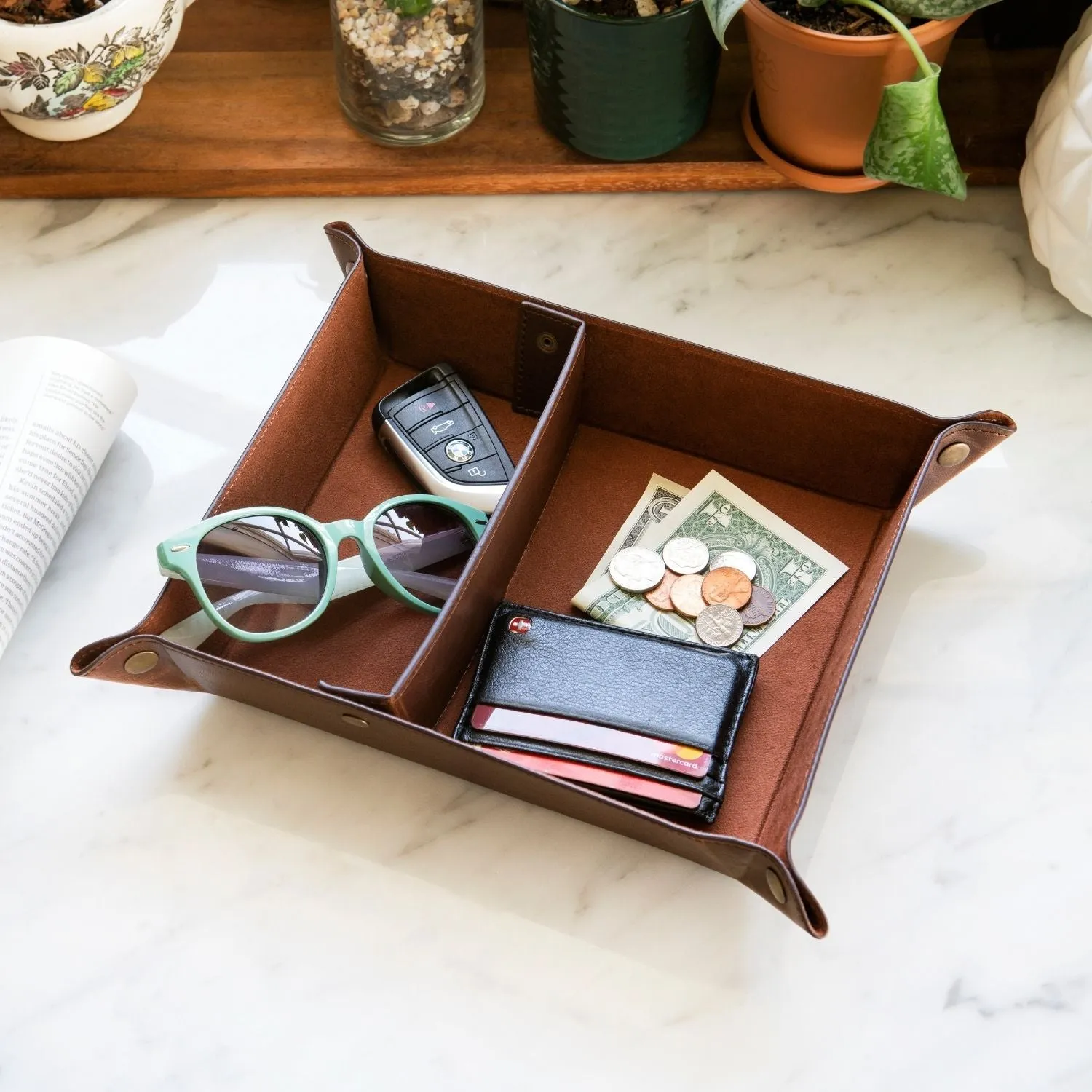 Londo Leather Tray Organizer, Practical Storage Box for Wallets, Watches, Keys, Coins, Cell Phones and Office Equipment