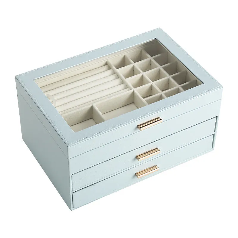 Luxury Multi-Tier Jewelry Organizer Box with Glass Top - Elegant Storage Case for Rings, Earrings, and Accessories