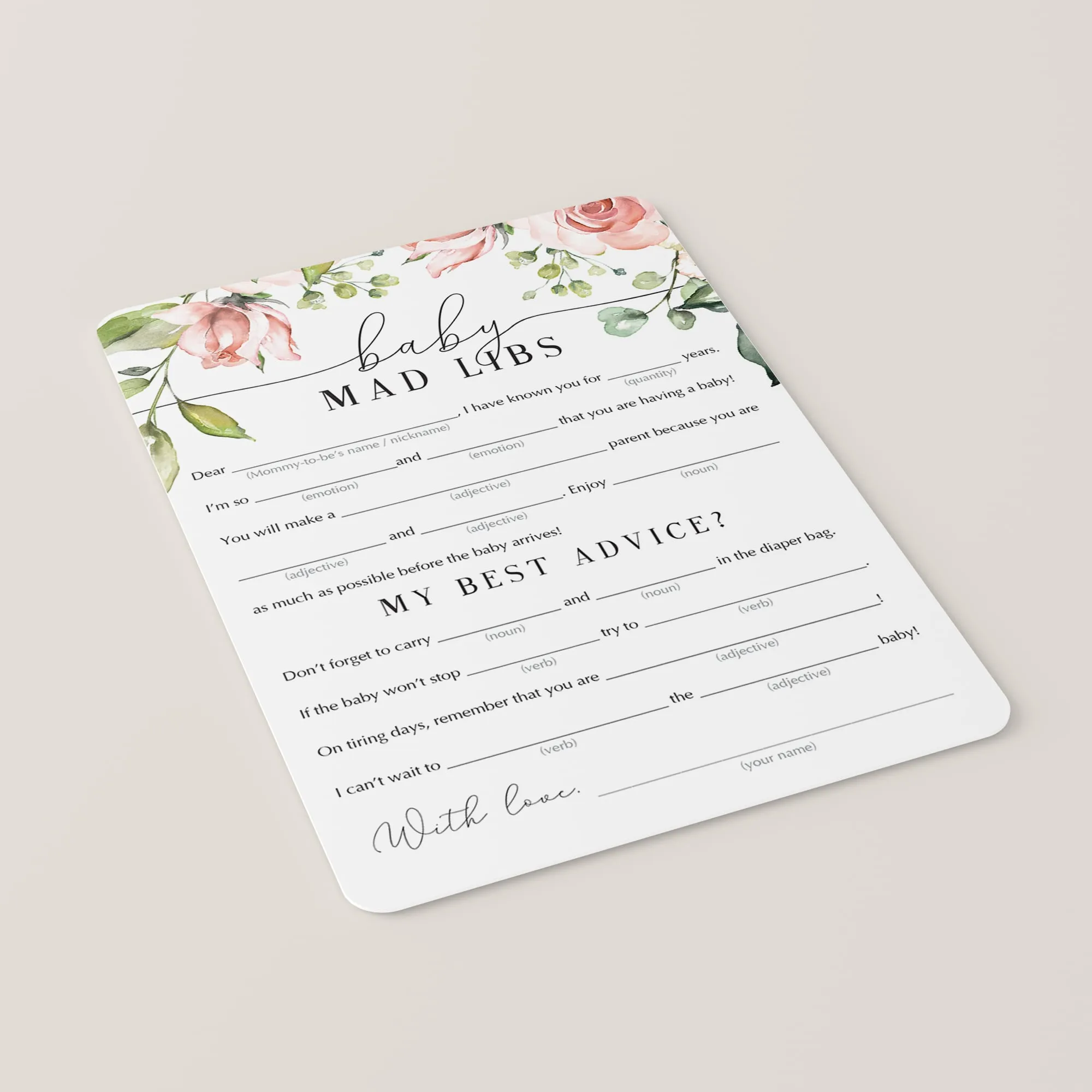 Mad Libs Funny Baby Shower Advice Printable Floral