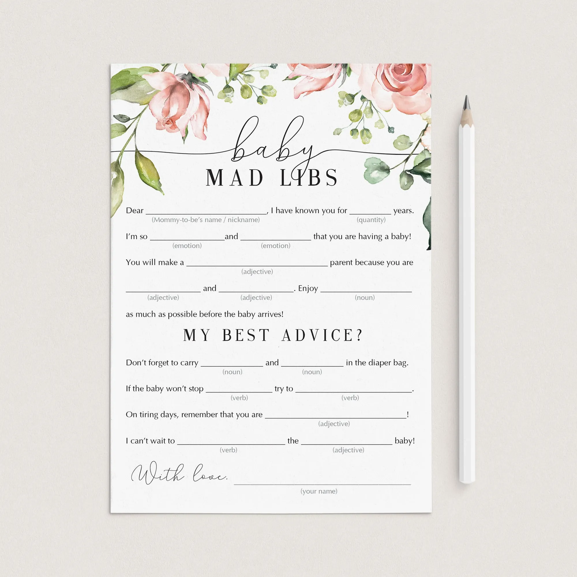 Mad Libs Funny Baby Shower Advice Printable Floral