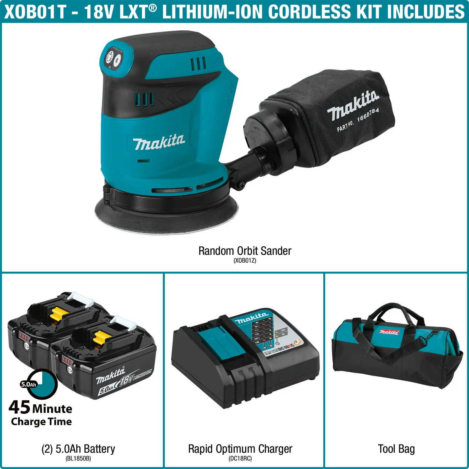 Makita (XOB01T) LXT® 5" Random Orbit Sander Kit (5.0Ah)