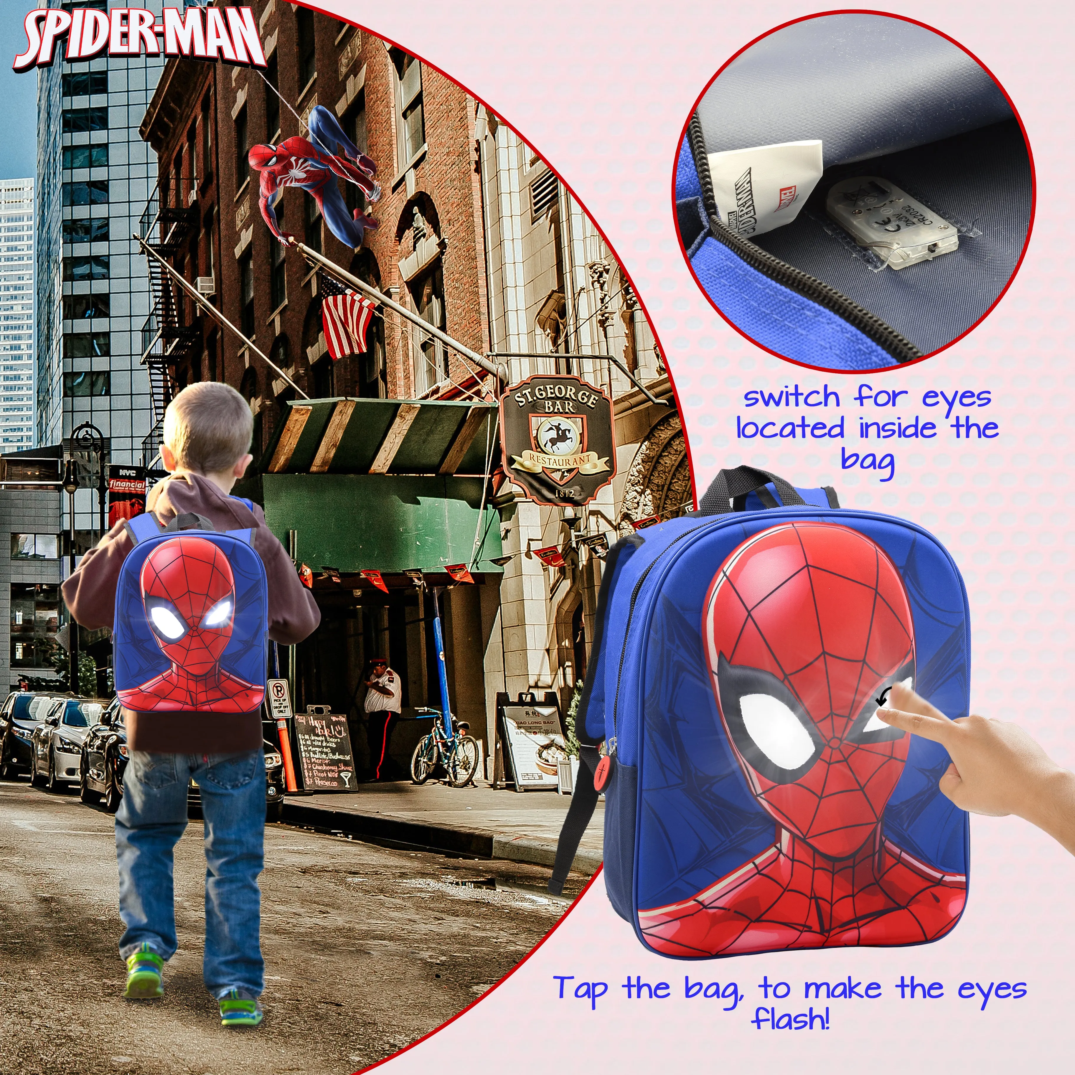 Marvel Spiderman Backpack with Light Up Eyes for Boys and Toddlers
