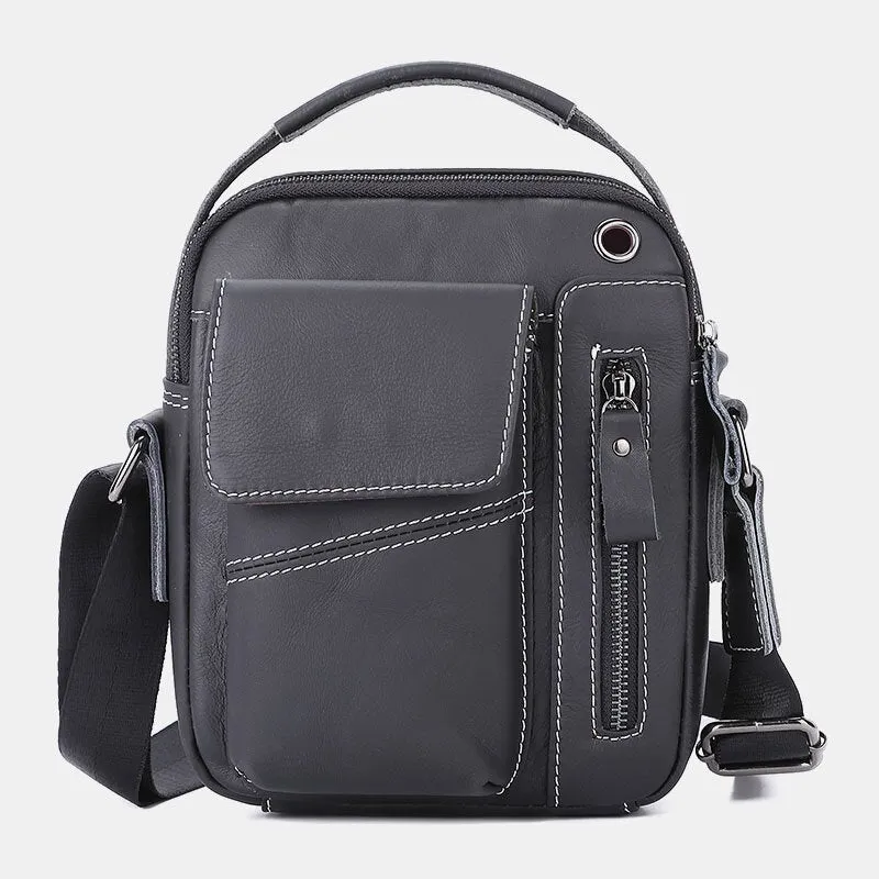 Men Genuine Leather Multi-pocket Headphone Hole Vintage 6.5 Inch Phone Bag Crossbody Shoulder Messenger Briefcase