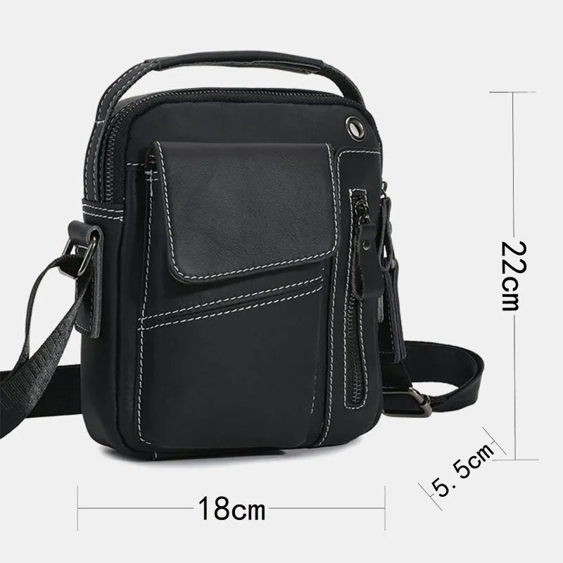 Men Genuine Leather Multi-pocket Headphone Hole Vintage 6.5 Inch Phone Bag Crossbody Shoulder Messenger Briefcase