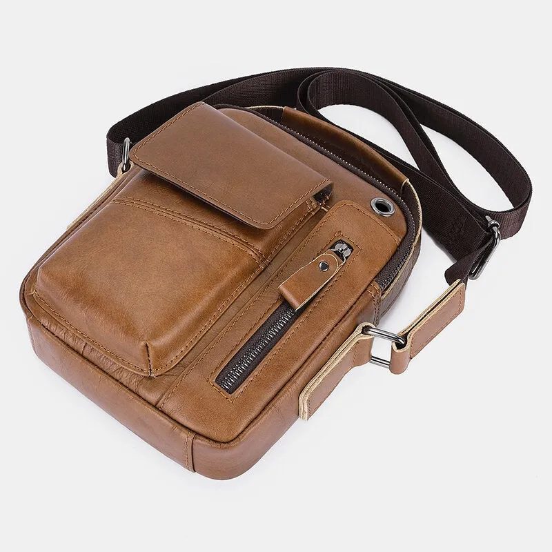 Men Genuine Leather Multi-pocket Headphone Hole Vintage 6.5 Inch Phone Bag Crossbody Shoulder Messenger Briefcase