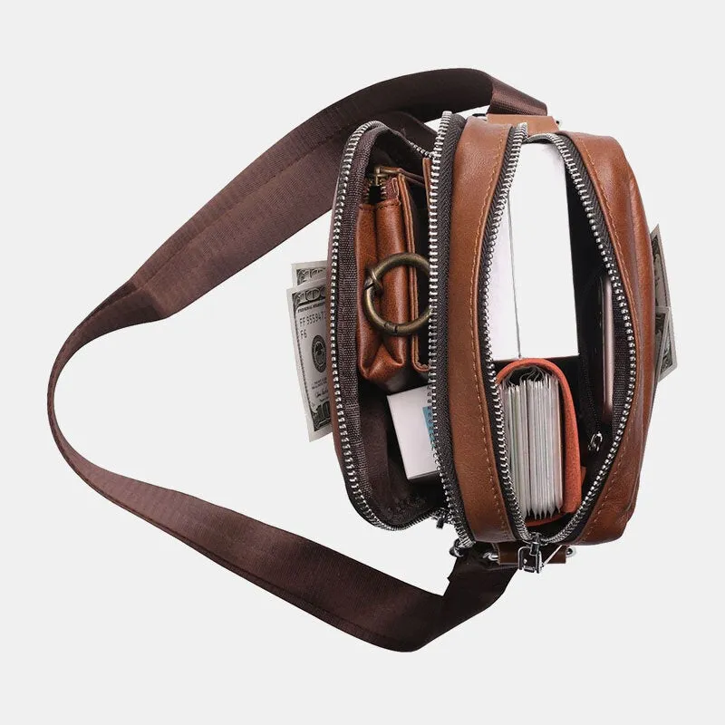 Men Genuine Leather Multi-pocket Headphone Hole Vintage 6.5 Inch Phone Bag Crossbody Shoulder Messenger Briefcase