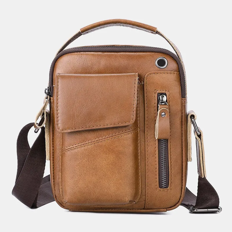 Men Genuine Leather Multi-pocket Headphone Hole Vintage 6.5 Inch Phone Bag Crossbody Shoulder Messenger Briefcase