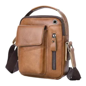 Men Genuine Leather Multi-pocket Headphone Hole Vintage 6.5 Inch Phone Bag Crossbody Shoulder Messenger Briefcase