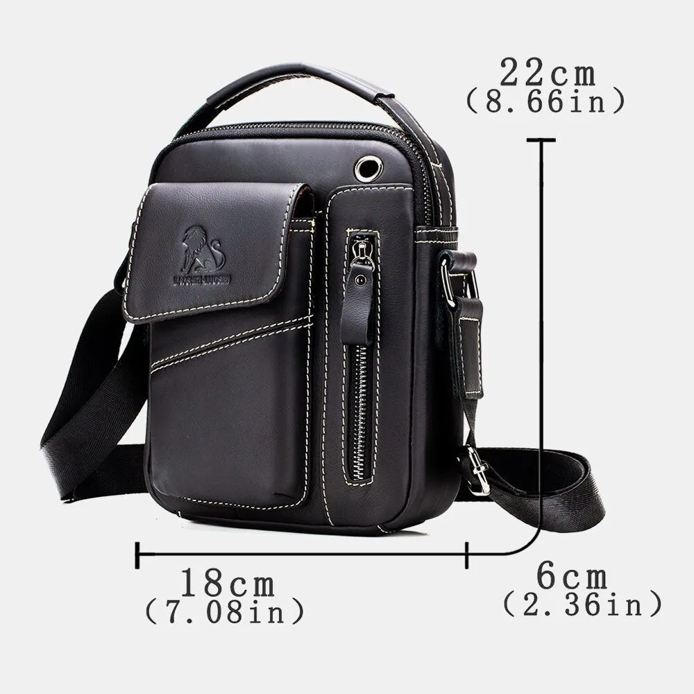 Men Genuine Leather Wear-resistant Headphone Hole Multi-pocket Vintage Crossbody Bag Shoulder