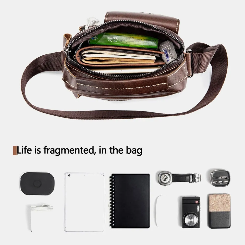 Men Genuine Leather Wear-resistant Headphone Hole Multi-pocket Vintage Crossbody Bag Shoulder