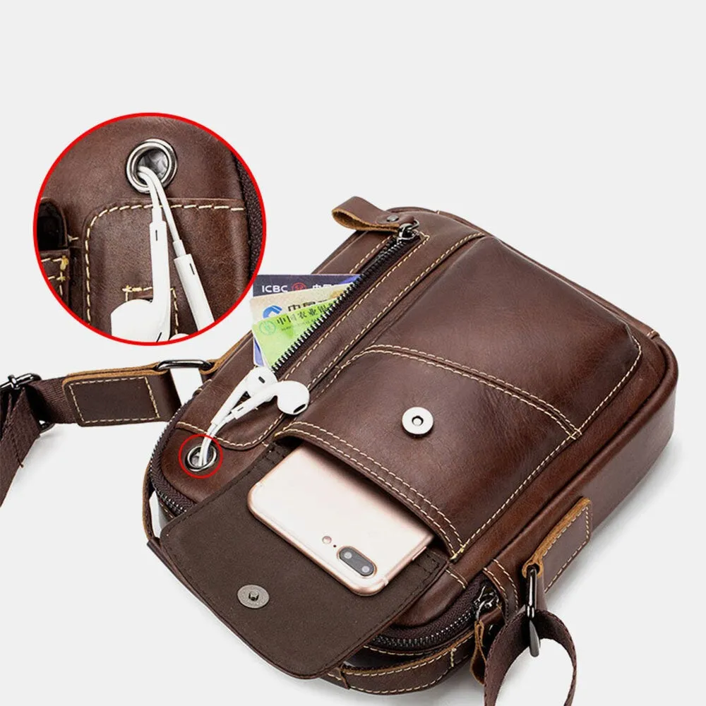 Men Genuine Leather Wear-resistant Headphone Hole Multi-pocket Vintage Crossbody Bag Shoulder