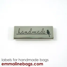 Metal Bag Label: "Handmade" w/bird in Nickel