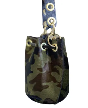 Mila Genuine Leather Pony Hair Bucket Bag | Camouflage