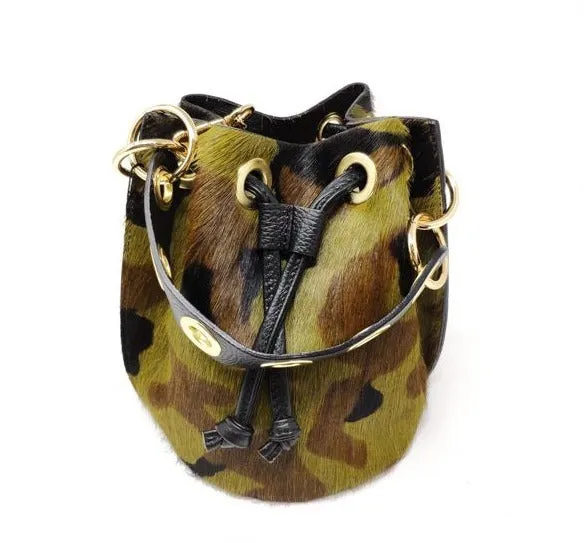 Mila Genuine Leather Pony Hair Bucket Bag | Camouflage