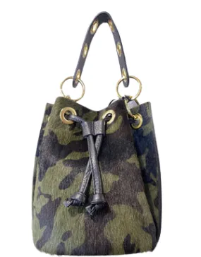 Mila Genuine Leather Pony Hair Bucket Bag | Camouflage