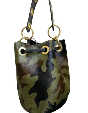 Mila Genuine Leather Pony Hair Bucket Bag | Camouflage