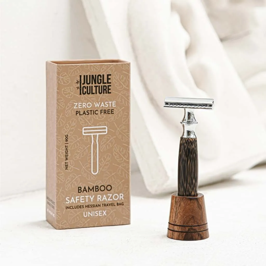 ***NEW*** Reusable Bamboo Safety Razor w/ Natural Jute Travel Pouch   Kraft Paper Gift Box (Unisex) - Thick Dark