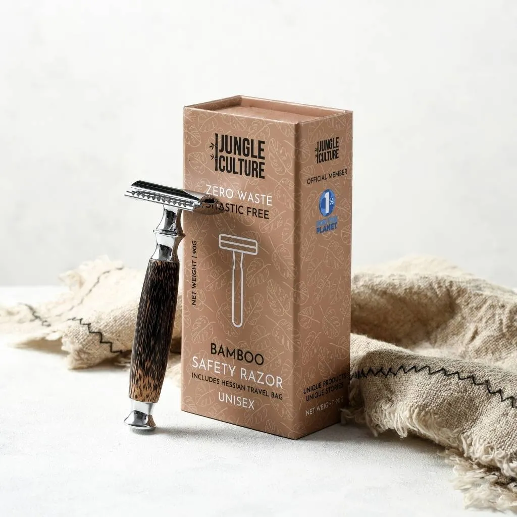 ***NEW*** Reusable Bamboo Safety Razor w/ Natural Jute Travel Pouch   Kraft Paper Gift Box (Unisex) - Thick Dark