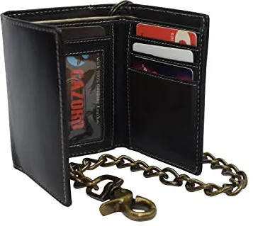 RFID Blocking Men's Tri-fold Vintage Biker Vintage Buffalo Leather Steel Chain Wallet Snap closure