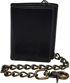 RFID Blocking Men's Tri-fold Vintage Biker Vintage Buffalo Leather Steel Chain Wallet Snap closure