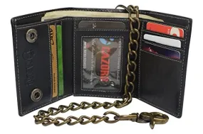 RFID Blocking Men's Tri-fold Vintage Biker Vintage Buffalo Leather Steel Chain Wallet Snap closure