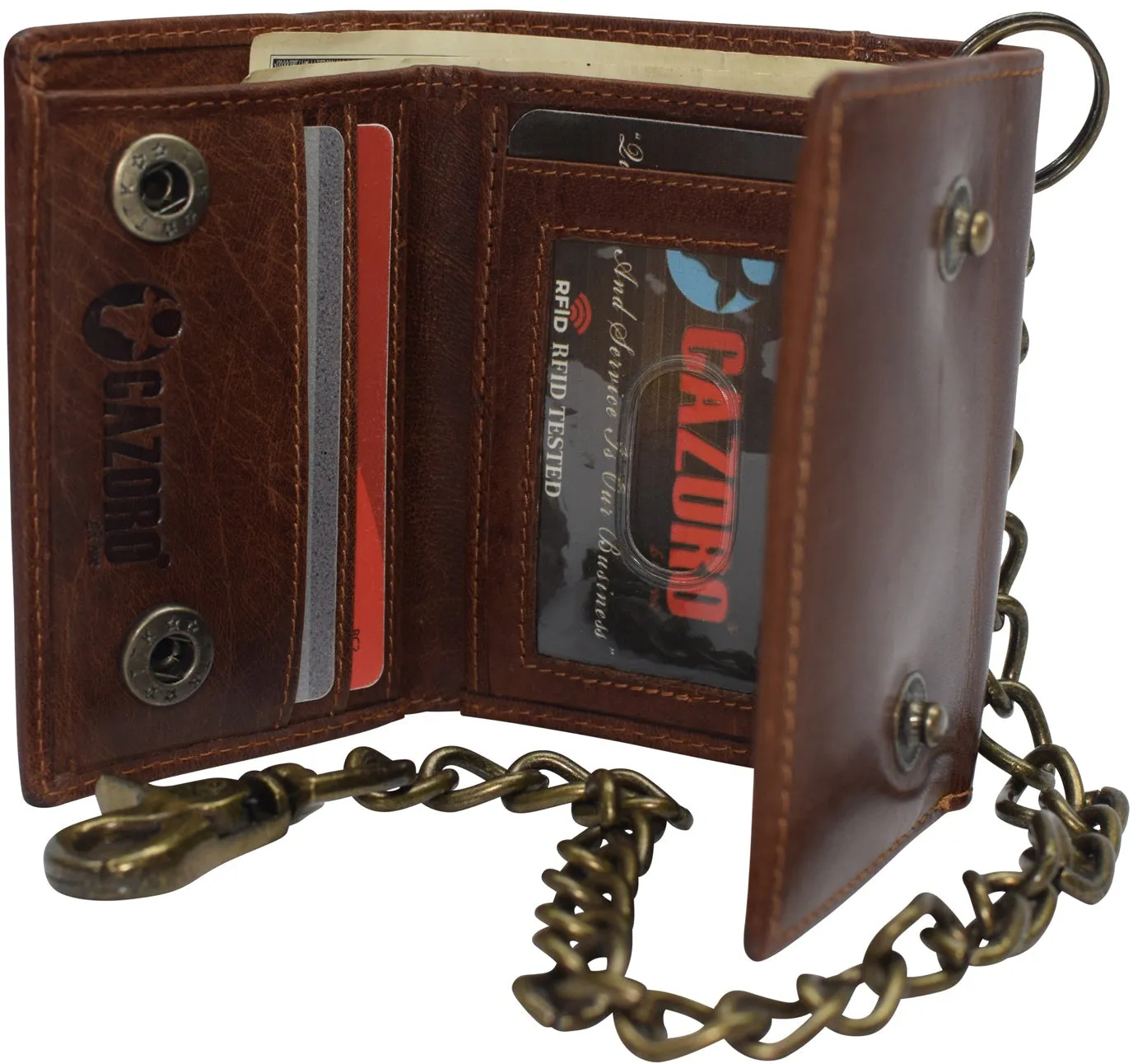 RFID Blocking Men's Tri-fold Vintage Biker Vintage Buffalo Leather Steel Chain Wallet Snap closure