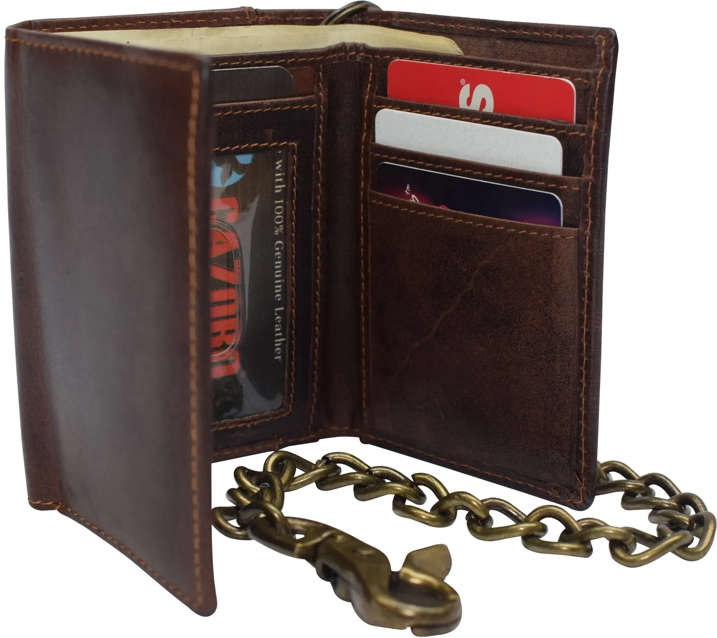 RFID Blocking Men's Tri-fold Vintage Biker Vintage Buffalo Leather Steel Chain Wallet Snap closure