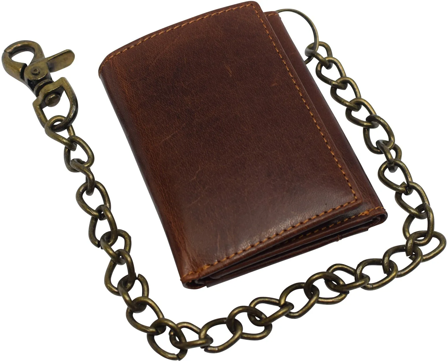 RFID Blocking Men's Tri-fold Vintage Biker Vintage Buffalo Leather Steel Chain Wallet Snap closure