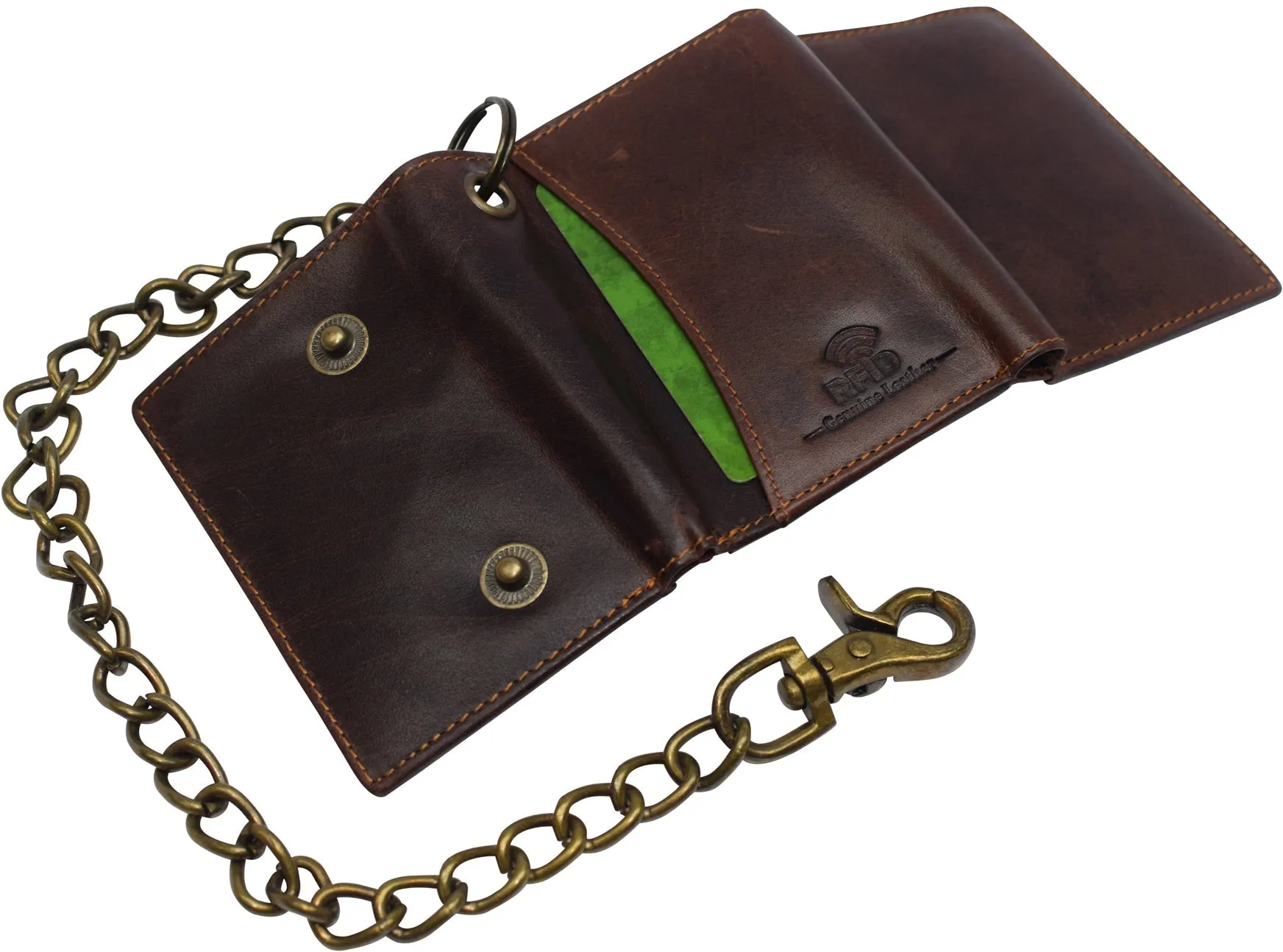 RFID Blocking Men's Tri-fold Vintage Biker Vintage Buffalo Leather Steel Chain Wallet Snap closure