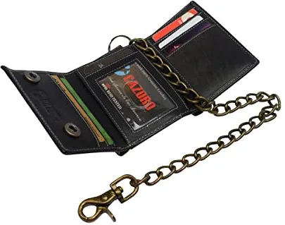 RFID Blocking Men's Tri-fold Vintage Biker Vintage Buffalo Leather Steel Chain Wallet Snap closure