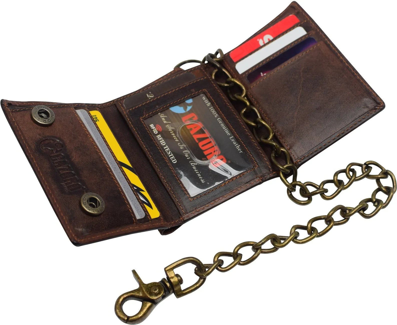 RFID Blocking Men's Tri-fold Vintage Biker Vintage Buffalo Leather Steel Chain Wallet Snap closure