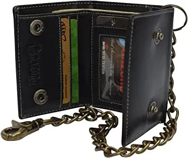 RFID Blocking Men's Tri-fold Vintage Biker Vintage Buffalo Leather Steel Chain Wallet Snap closure