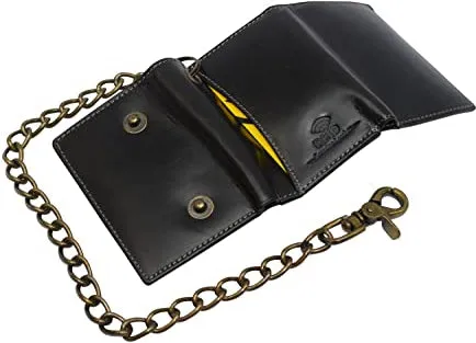 RFID Blocking Men's Tri-fold Vintage Biker Vintage Buffalo Leather Steel Chain Wallet Snap closure