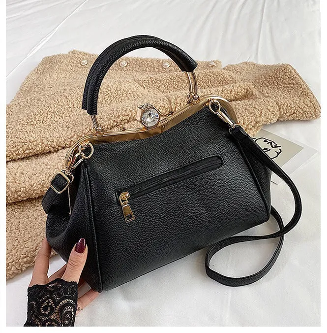 Rhinestone Inlaid Faux Fur Handbag